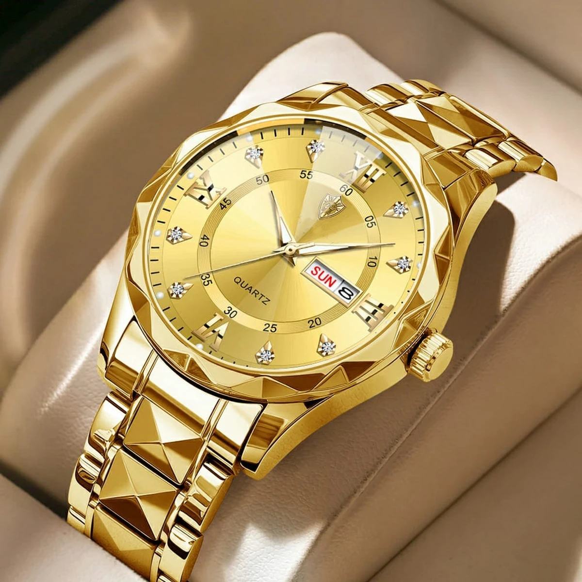 POEDAGAR Luxury Men Watches Business Top Brand Man Wristwatch Waterproof Luminous Date Week Quartz Men's Watch High Quality+Box-Golden