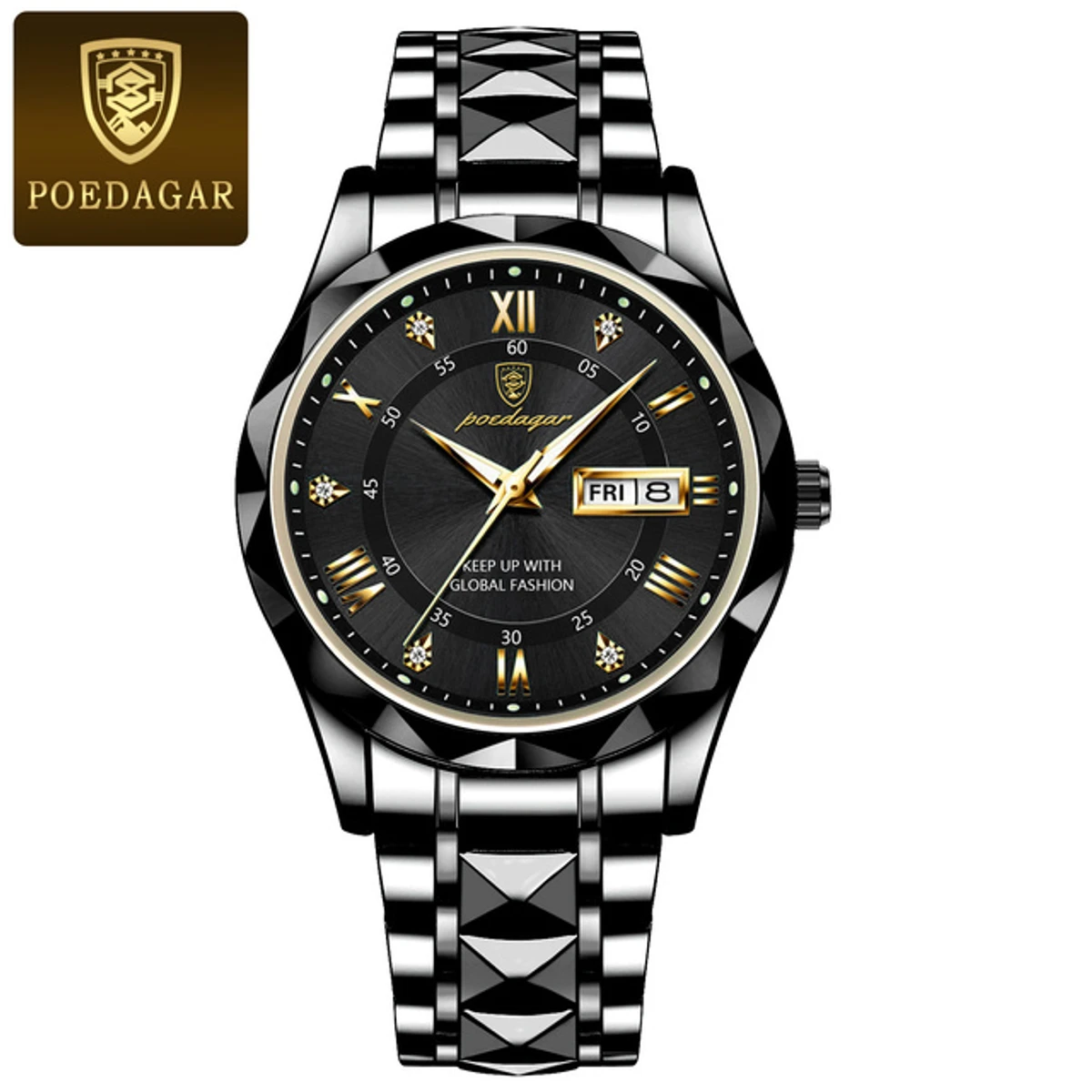 POEDAGAR Luxury Men Watches Business Top Brand Man Wristwatch Waterproof Luminous Date Week Quartz Men's Watch High Quality+Box-Black