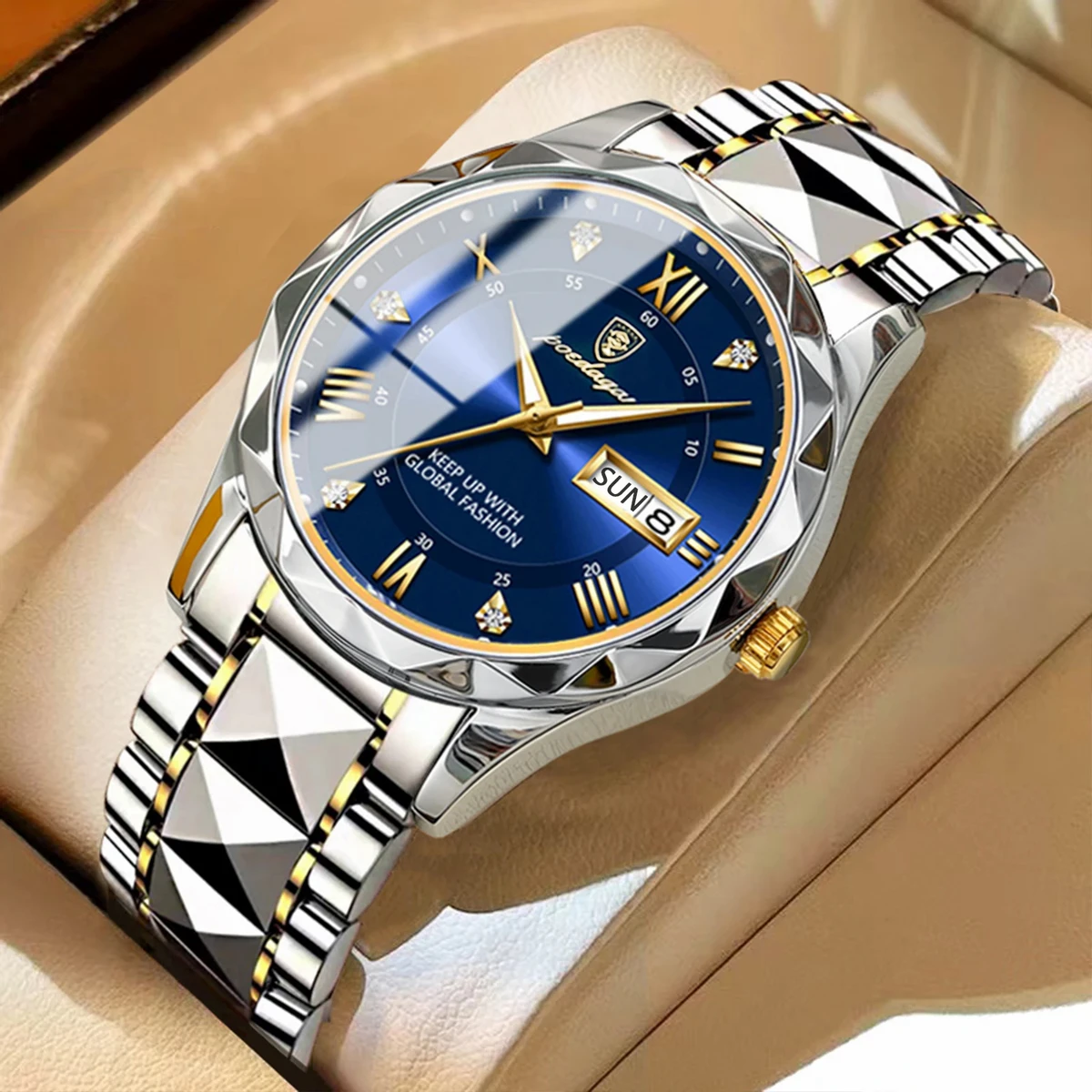 POEDAGAR Luxury Men Watches Business Top Brand Man Wristwatch Waterproof Luminous Date Week Quartz Men's Watch High Quality+Box-Silver&Blue