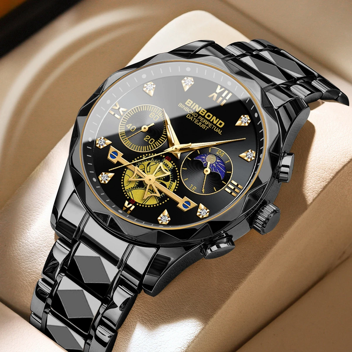 New Luxury Diamond Watch For Men Stainless Steel Waterproof Chronograph Luminous Date Business Sport Wristwatches- Black