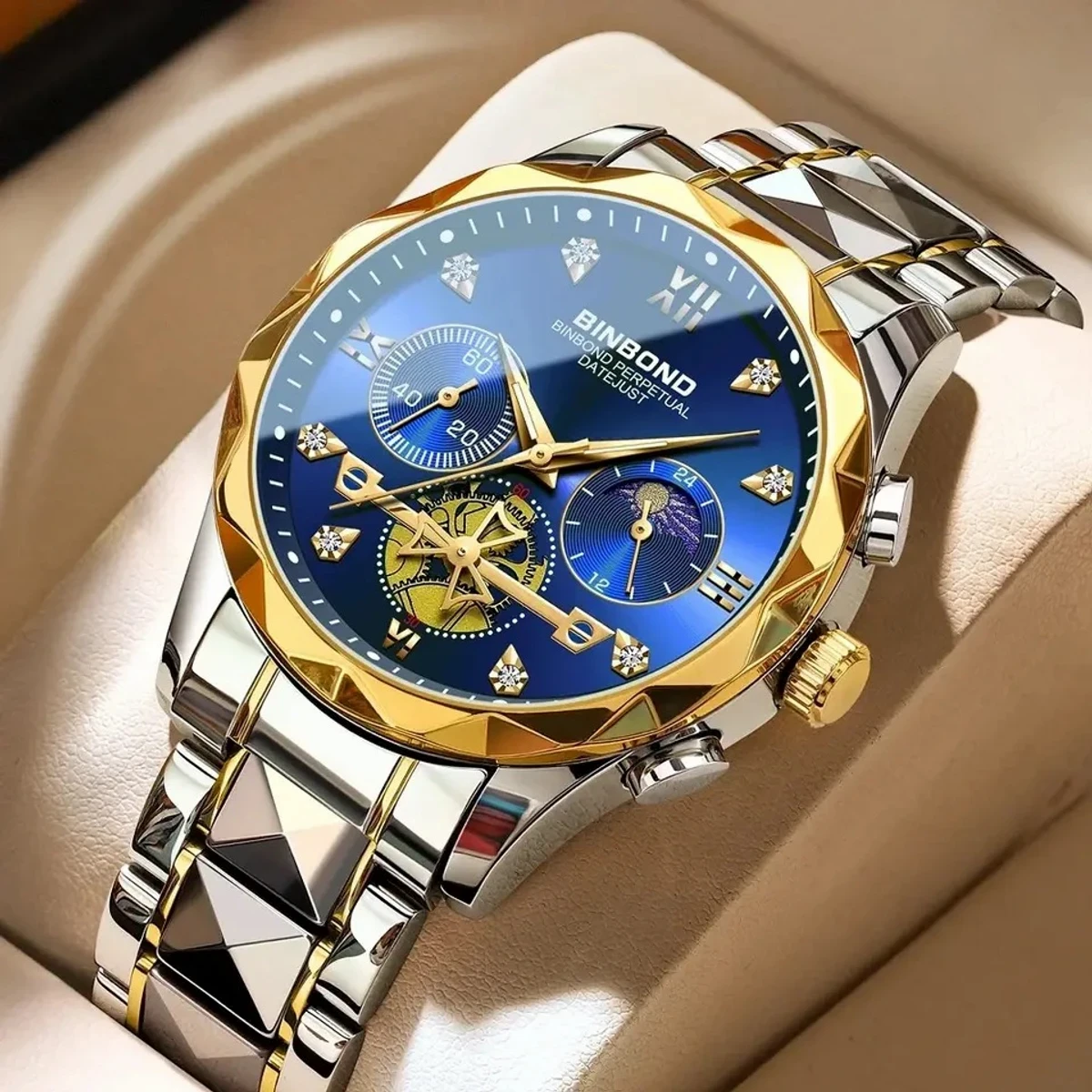 New Luxury Diamond Watch For Men Stainless Steel Waterproof Chronograph Luminous Date Business Sport Wristwatches- Blue